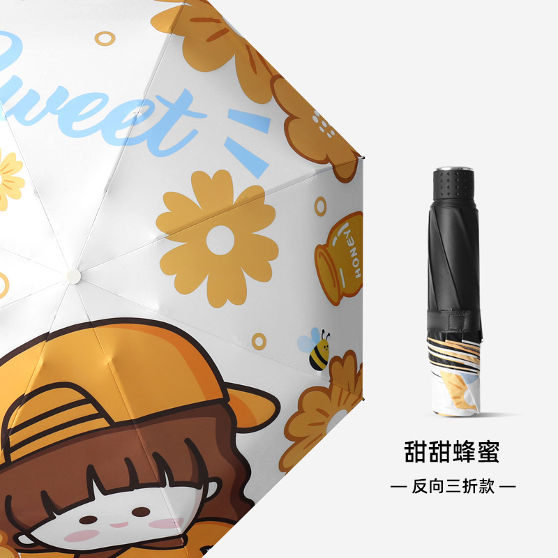 Picture of Digital Printing Sunny Umbrella New Cartoon Sunny and Rainy Umbrella Sunscreen UV Protection Black Rubber Three-fold Sunshade Umbrella
