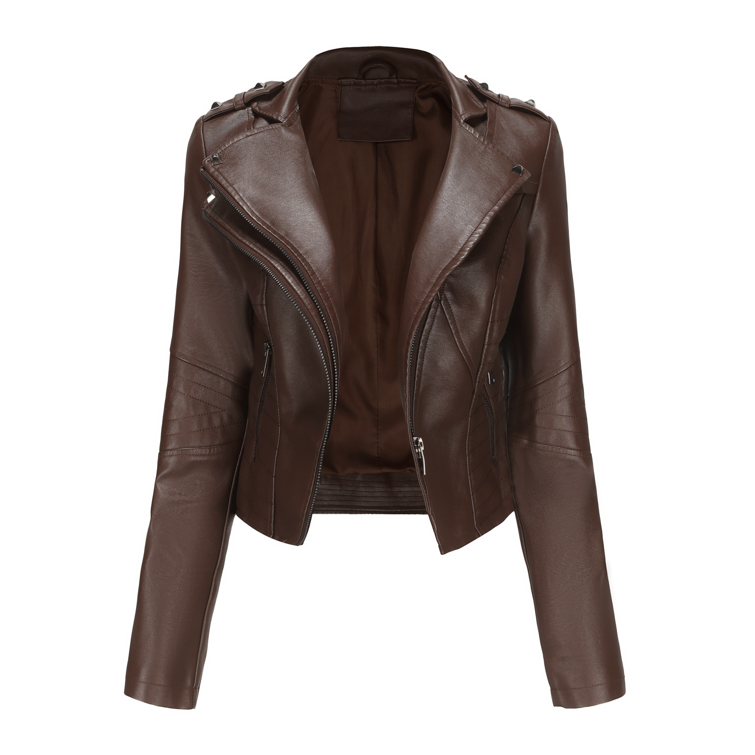 Picture of New Slim-Fitting Long-Sleeved Spring and Autumn Leather Jacket for Women with Rivets European and American Popular Short Small Coat Zipper Leather Jacket