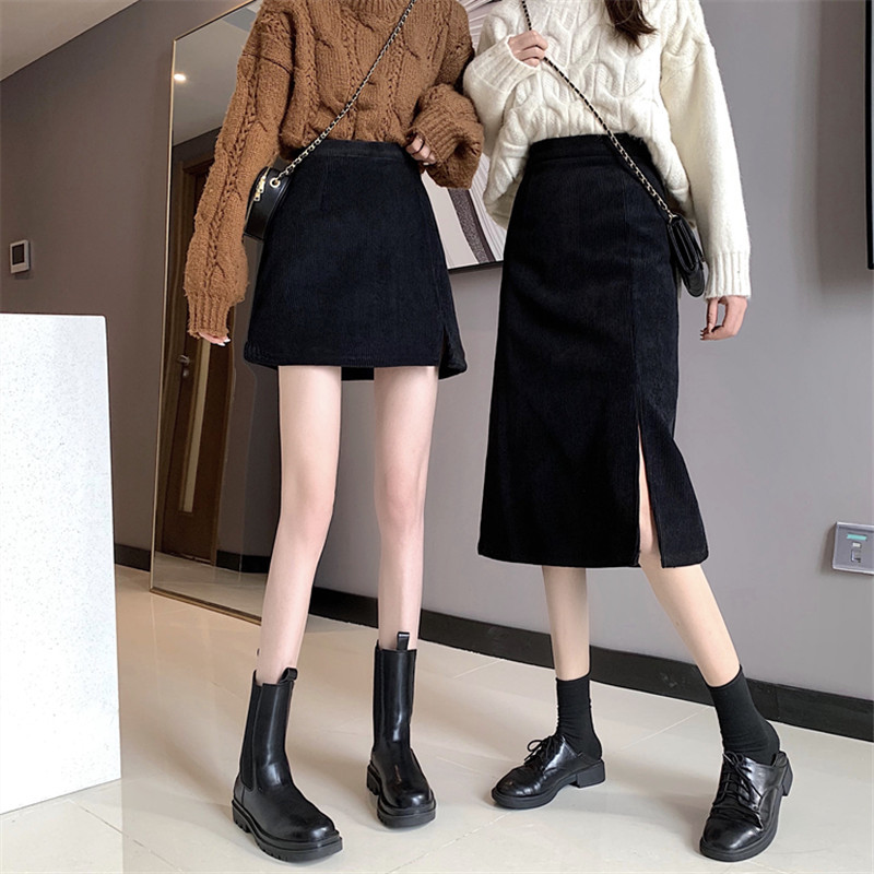 Picture of Autumn and Winter Split A- shaped Skirt 2021 New Style Western Style High Waist Slimming Corduroy Solid Color All-match Hip Skirt