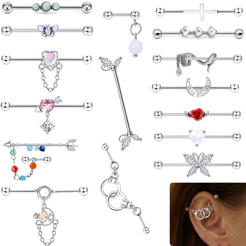 European and American Hot Selling Long Industrial Earrings Amazon AliExpress Drop Oil Wire-drawing Butterfly Long Pole Ear Bridge Piercing Jewelry
