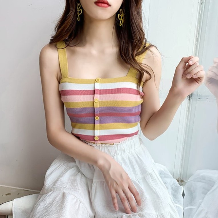 Hyun-Hyun Style High Waist Short Navel Vest Women's Rainbow Striped Knitted Tight Strap Outer Wear Sleeveless Inner Top