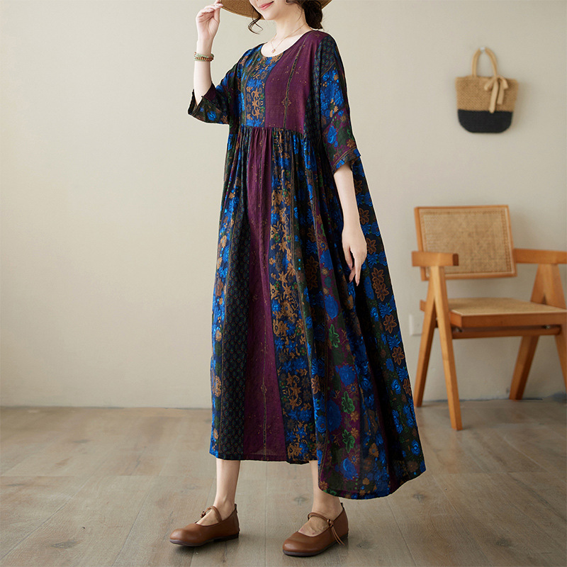 2024 Summer New Middle-aged and Elderly Mother's National Style Round Neck Short Sleeve Loose Slimming Printed Foreign Trade dress