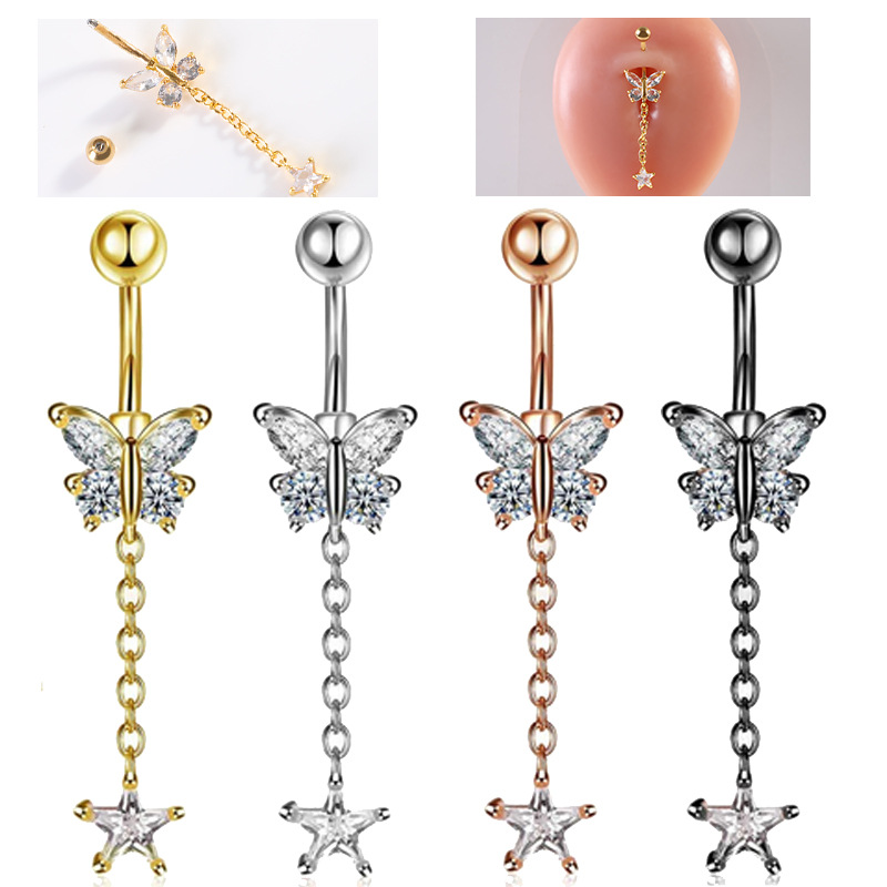 Stainless steel cross-border belly button nail personalized butterfly pendant belly button nail five-pointed star umbilical ring copper material piercing jewelry