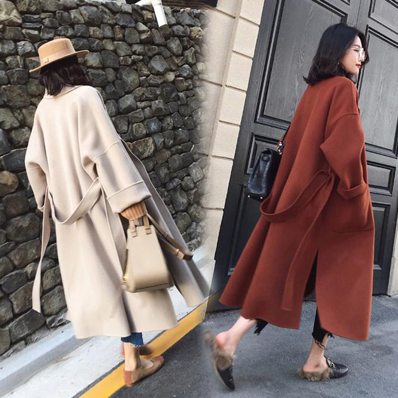 Black Woolen Coat Women's Winter Super Long Over-the-knee Lace-up Profile Double-sided Cashmere Handmade Woolen Coat