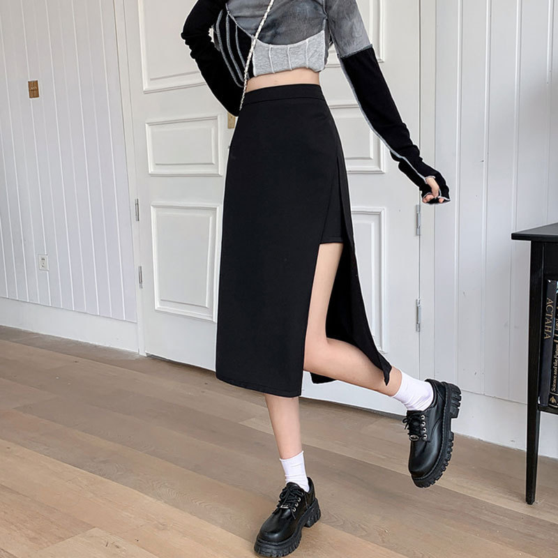 Spring and Summer Mid-Length Skirt 2025 New High-Waisted Fashion Skirt Black Slit Irregular Elegant Popular