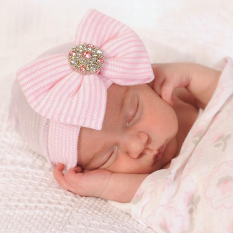 European and American New Stripesd Baby Girl Big Bow Shiny Diamond Pink Knitted Hat Newborn Baby Pullover Hat