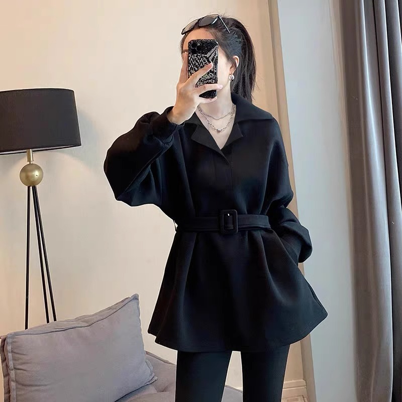 European station spring and autumn plus size women's chubby girl black suit collar waist sweater women's small slim coat 300kg