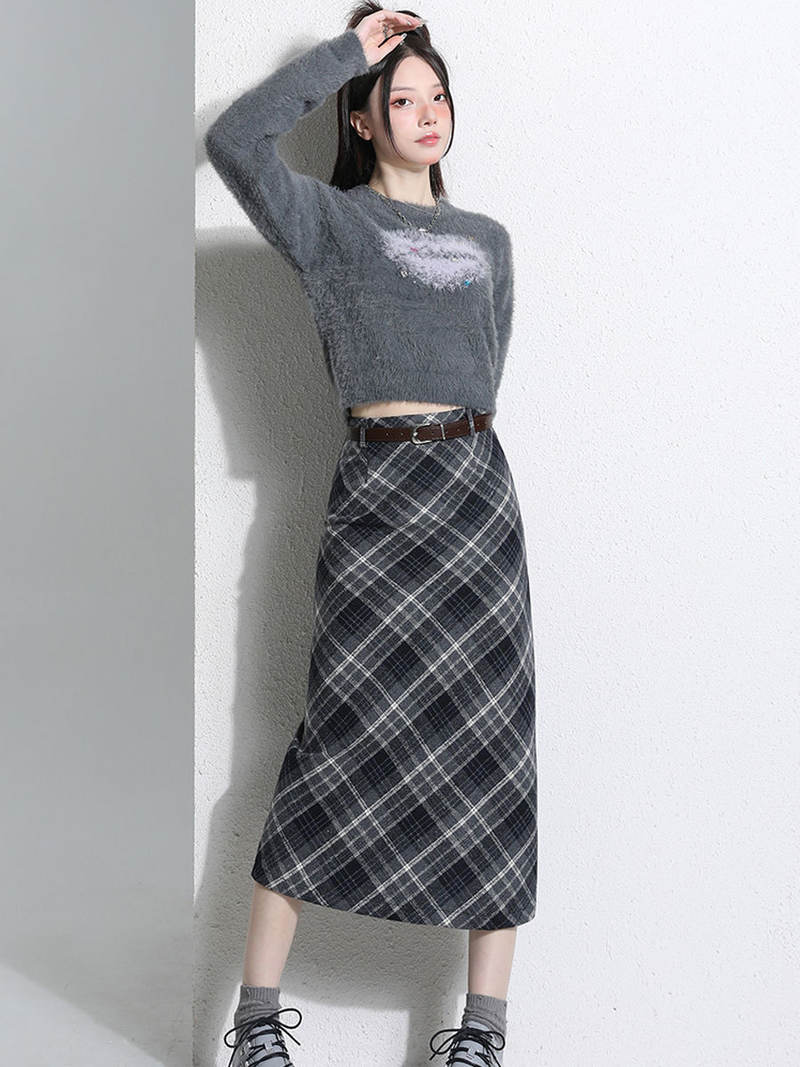 Woolen plaid skirt women's 2024 autumn and winter new Korean style mid-length split high waist hip skirt A- line skirt for women