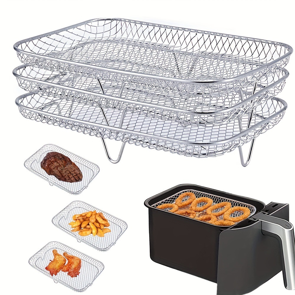 Picture of Cross-border three-layer stainless steel grill multifunctional air fryer rack 304 stainless steel air fryer basket tray