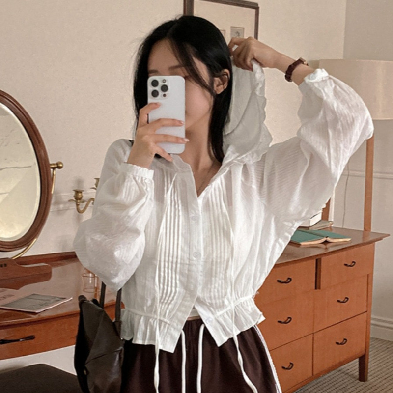 Korean Chic Summer New French Design Lace-Up Waist Hooded Lace Long-Sleeved Sun Protection Air-Conditioning Shirt