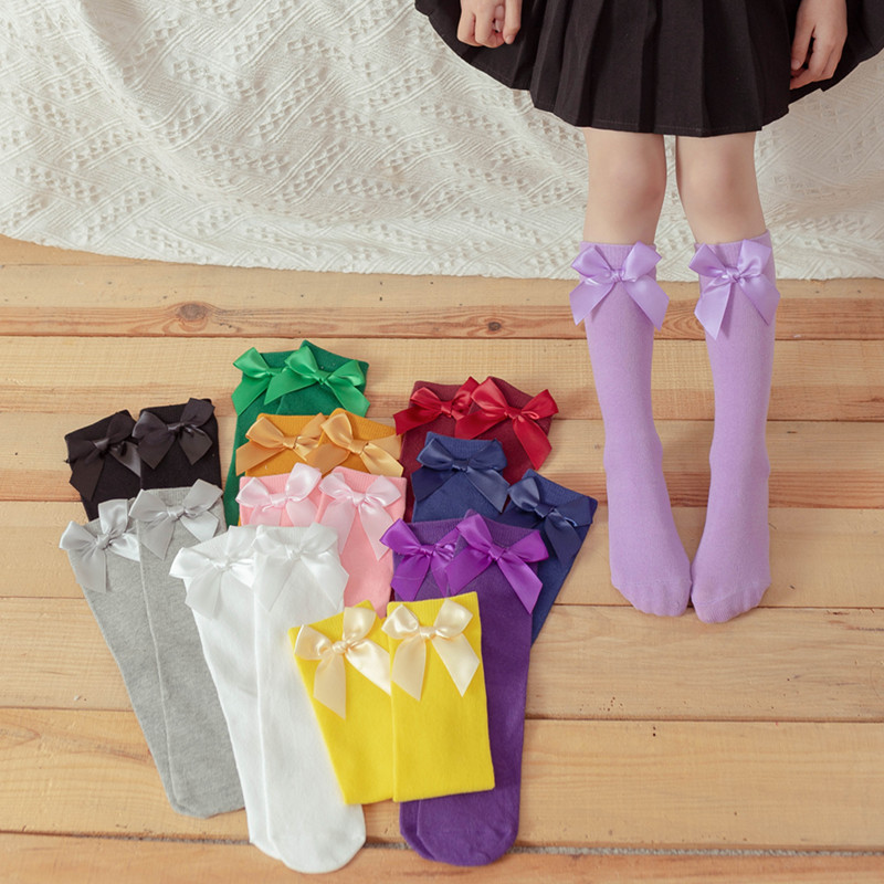 Picture of Children's Mid-Calf Socks, Solid Color Bowknot, Suitable for Both Small and Large Children, Slouch Socks That Can Be Worn Front or Back, Straight Tube, No Heel Socks for Girls