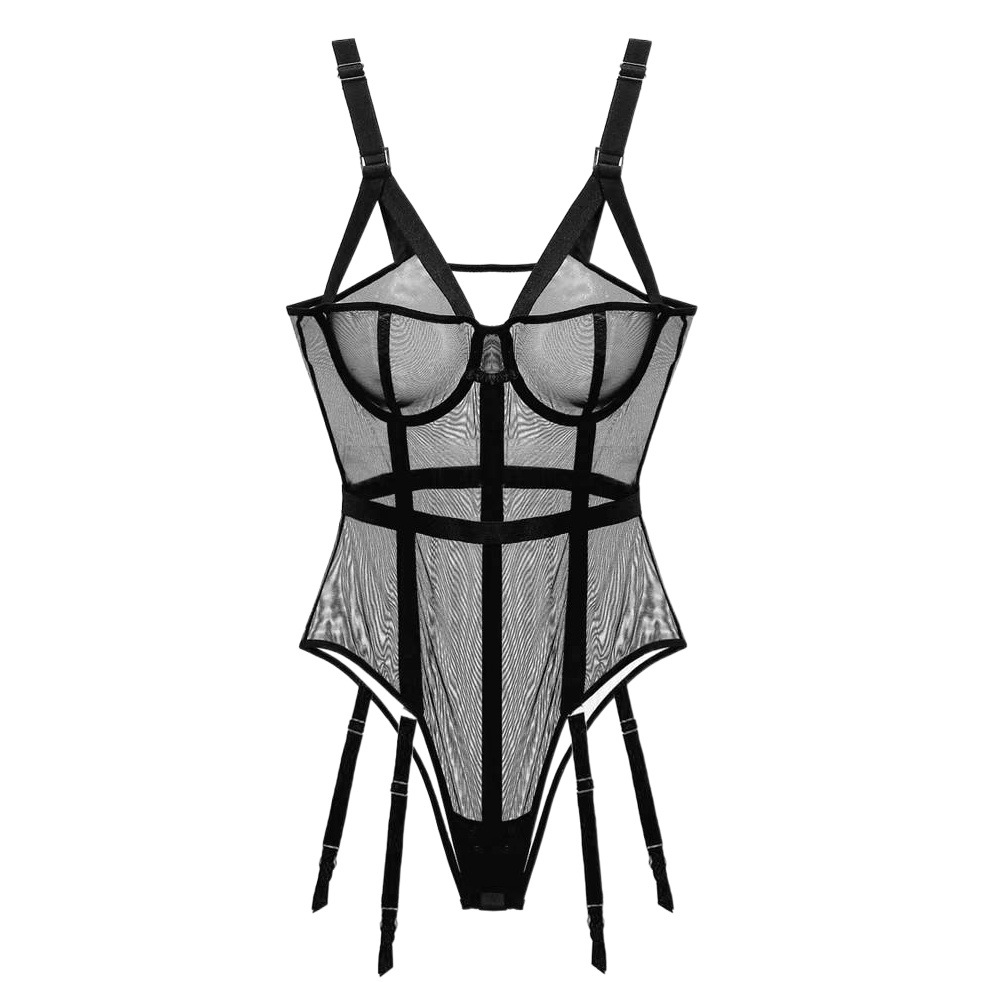 AliExpress sexy seductive transparent mesh jumpsuit European and American hollow garter belt tights pajamas one-piece underwear