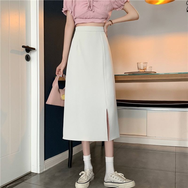 Black Skirt Women's Dipped Skirt Split Mid-Long Spring and Summer Design High Waist Small A- Line Over-the-Knee Long Skirt