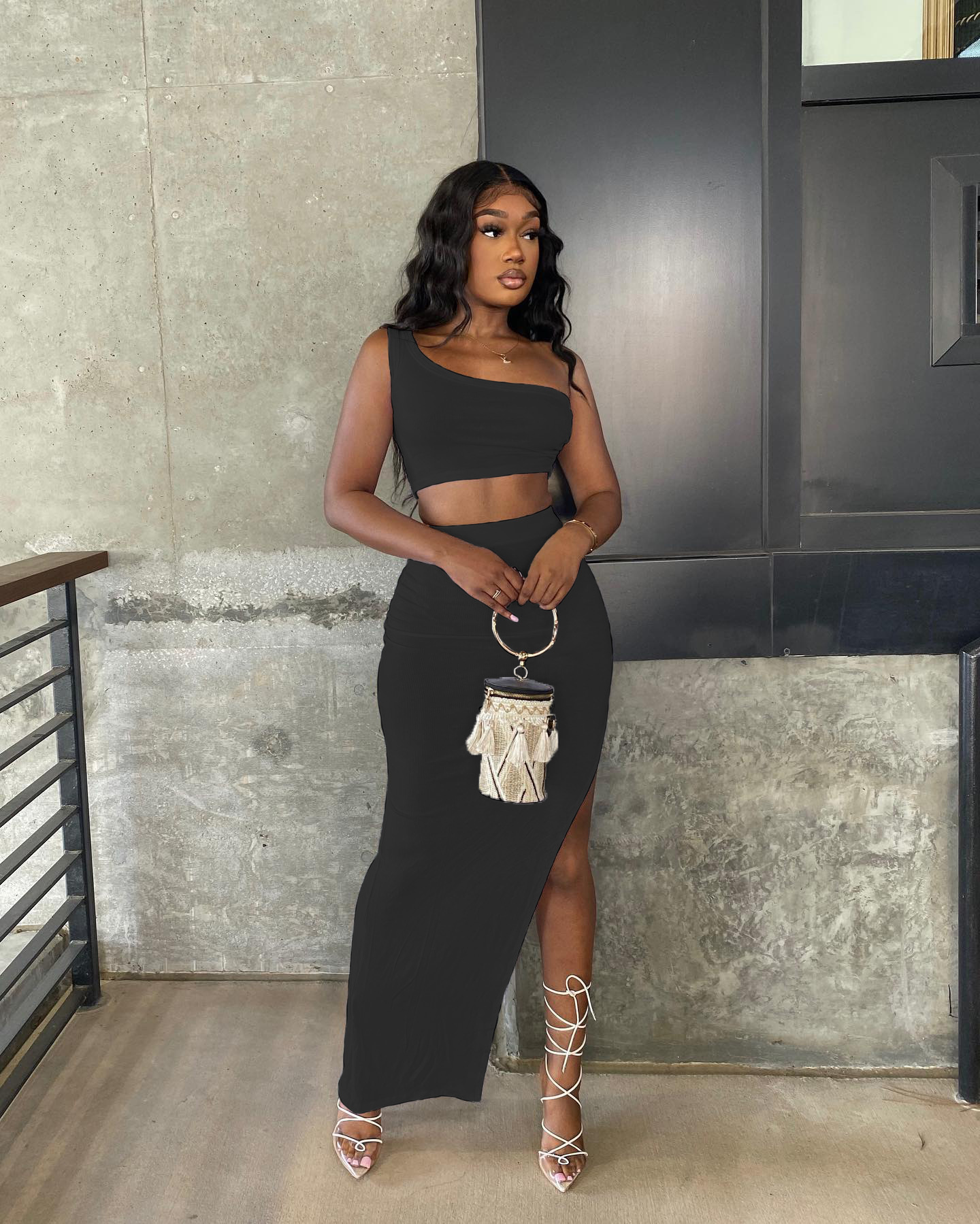 Picture of A5306 Cross-border Independent Station Foreign Trade European and American Women's Summer Solid Color Ice Silk Pit Single Shoulder Split Set