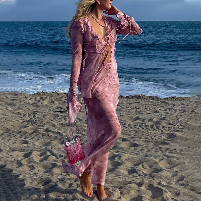 European and American Sexy See-Through Hot Style Strappy Printed Fungus Top High Waist Strappy Long Skirt Fashionable Chiffon Suit
