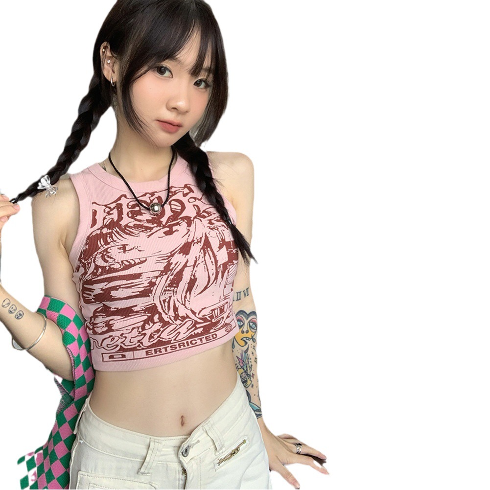 American-style Retro I-shaped Small Vest Women's Summer Sweet and Hot Outer Wear Pink Hot Girl Sleeveless Short Sports Top