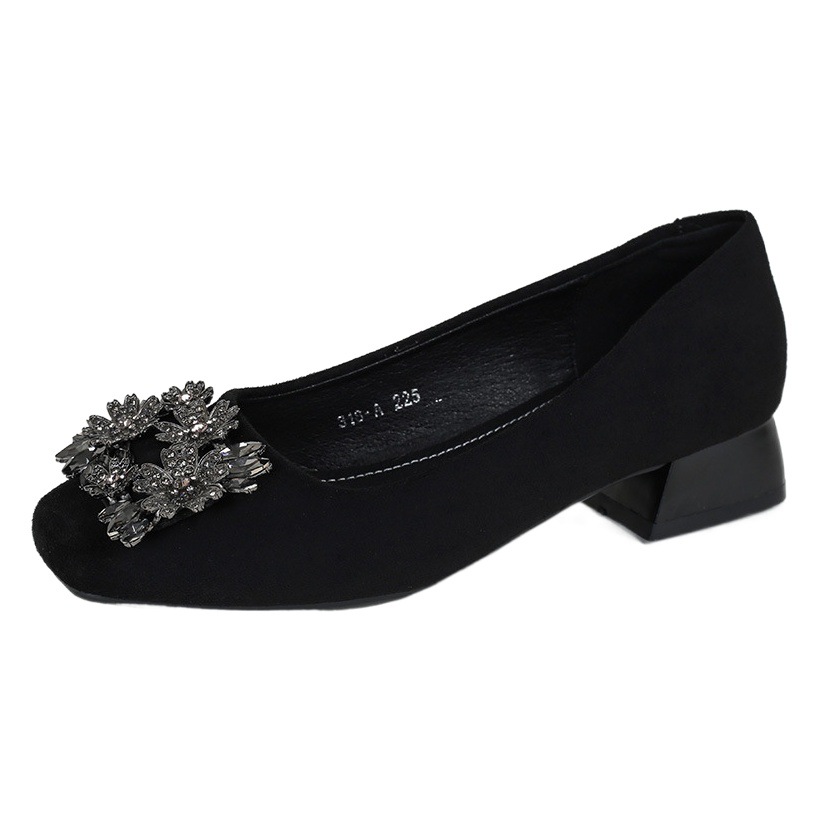 New Spring and Autumn square toe low heel single-layer shoes women's commuter women's shoes low mouth rhinestone square buckle not tired feet chunky heel shoes