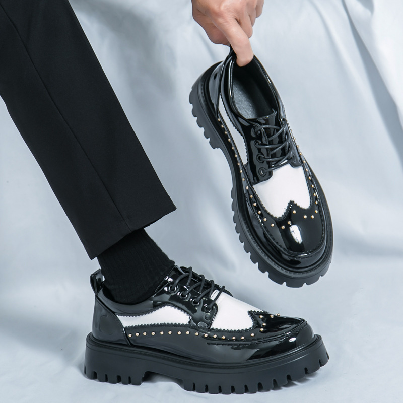 Cross-Border Large Size 2025 Formal Casual Shoes Rivet Personalized Barber Leather Shoes Thick Sole Heightening Black and White Fashion Men's Shoes