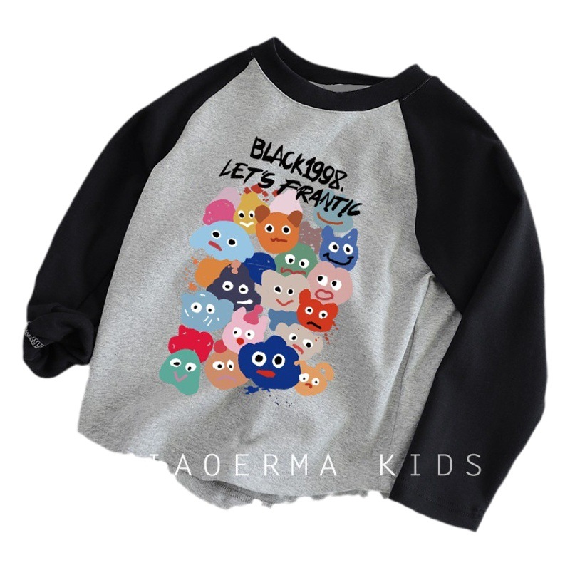 Pure Cotton Kidsren's T-Shirt Long-Sleeved Boys and Girls Clothing 2025 Cute Cartoon Animation Fun Kidsren's Bottoming Tops Spring