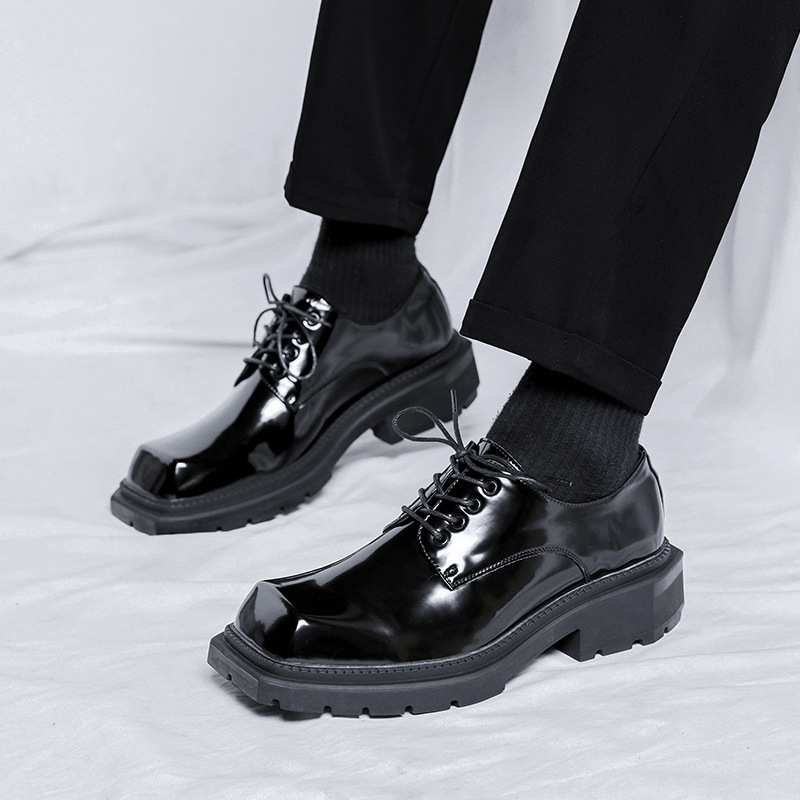 2025 Spring and Autumn Cross-border Small Thick Sole Heightened Square Scalp Shoes Men's British Style Black Big Toe Cargo Leather Shoes