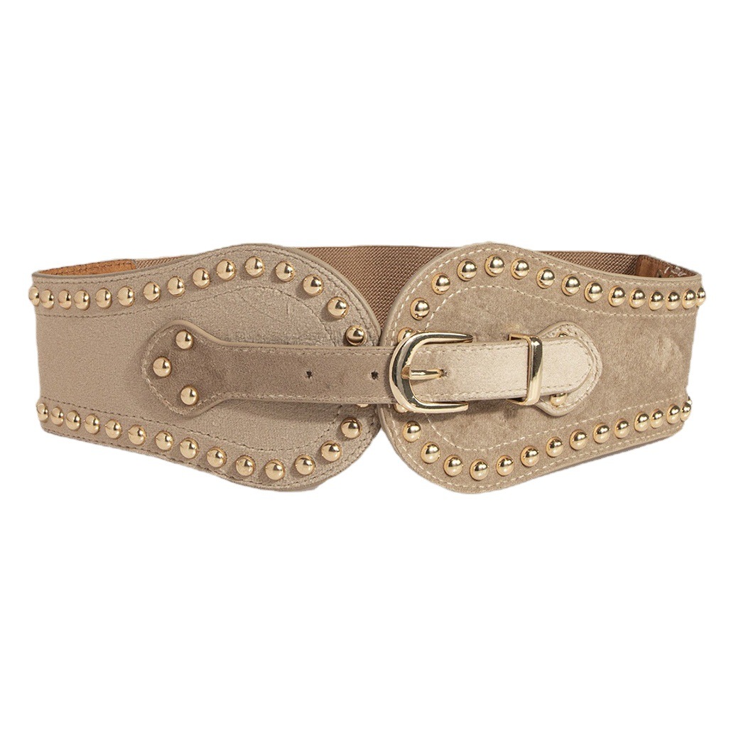 [Cross-Border Exclusive] Women's Fashion Handsome Suede Rivet Elastic Wide Waist Seal Adjusting Western-style Elastic Belt