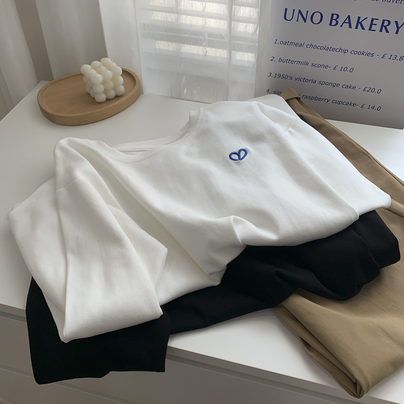Three-dimensional Love Embroidered Long-sleeved T-shirt Women's 2024 Autumn and Winter Basic Interior Loose Casual All-match Round Neck Base Shirt