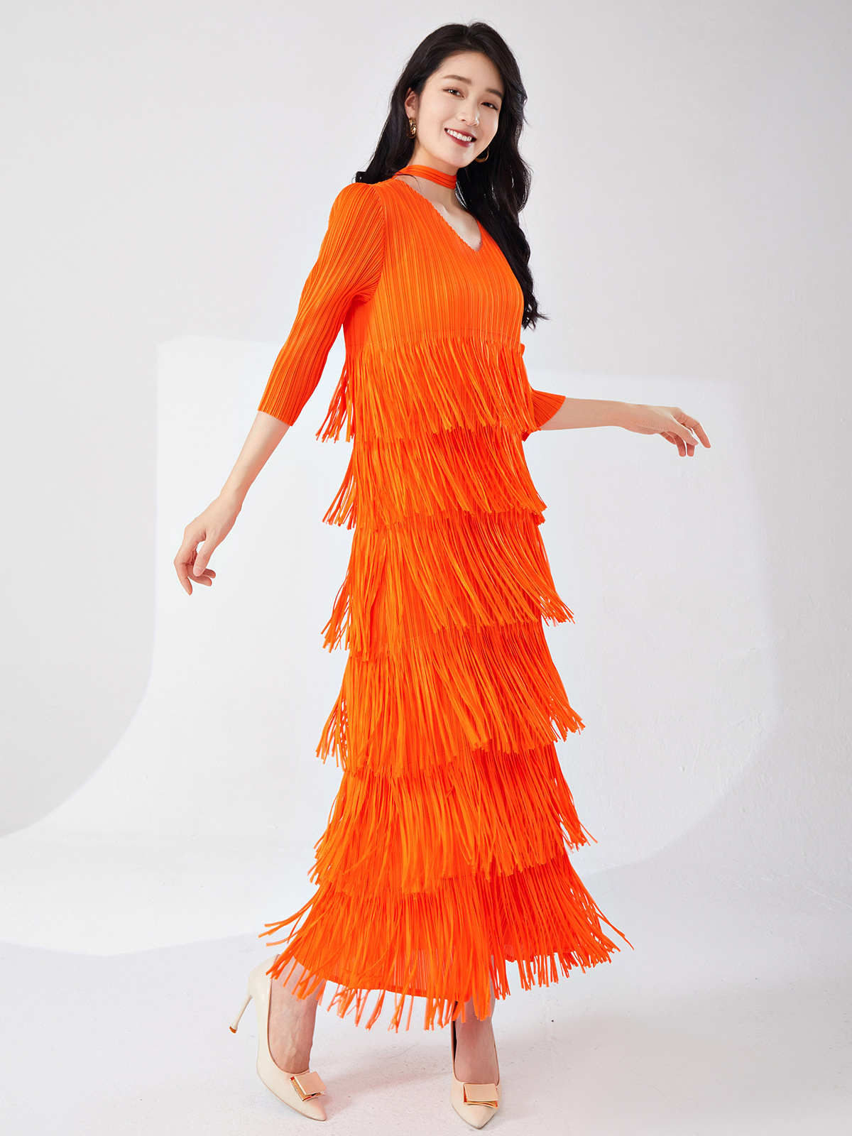 Miyake Tassel dress High-end Summer New Style Skirt Lace-up Slimming Vacation Style Elegant Long Skirt