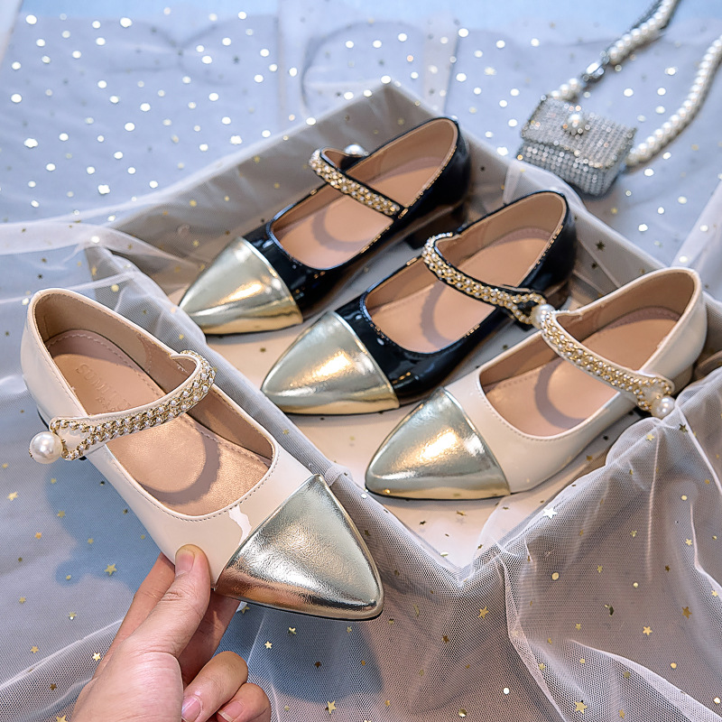 Girls Mary Jane Shoes 2025 Summer New Children's High Heel Princess Small Leather Shoes Small Fragrance Pearl Soft Sole Shoes