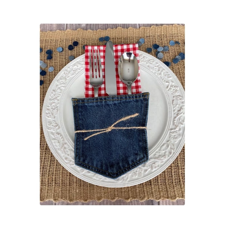Cross-border Retro Fabric Tableware Mat Woven Insulation Bowl Mat Denim Pocket Tableware Bag Portable Tableware Storage Bag