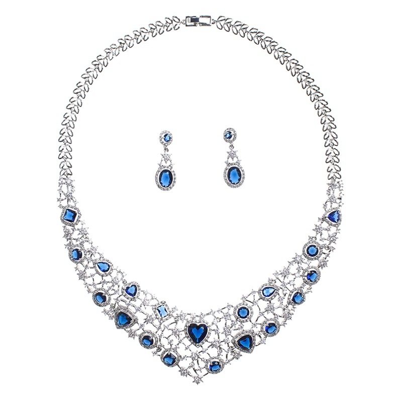 European and American New Luxury Zircon suit Necklace Ear Noble Shiny Full Diamond Elegant Banquet Bride Necklace Jewelry