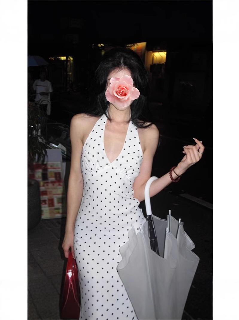 White Retro Fashion Polka Dot V-Neck Halter Dress for Women Summer French Sexy Backless Elegant Mid-Length Skirt
