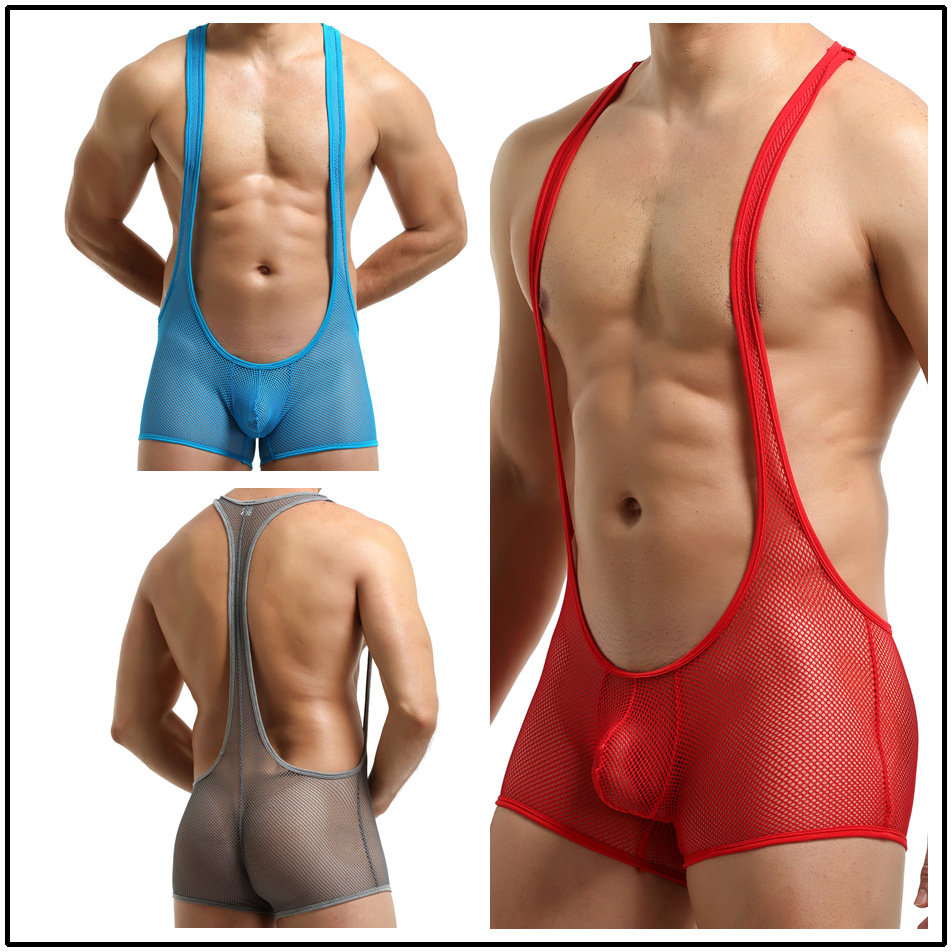 Hot Selling Foreign trade cross-border new men's solid color underwear jumpsuit wrestling suit vest mesh boxer 2011