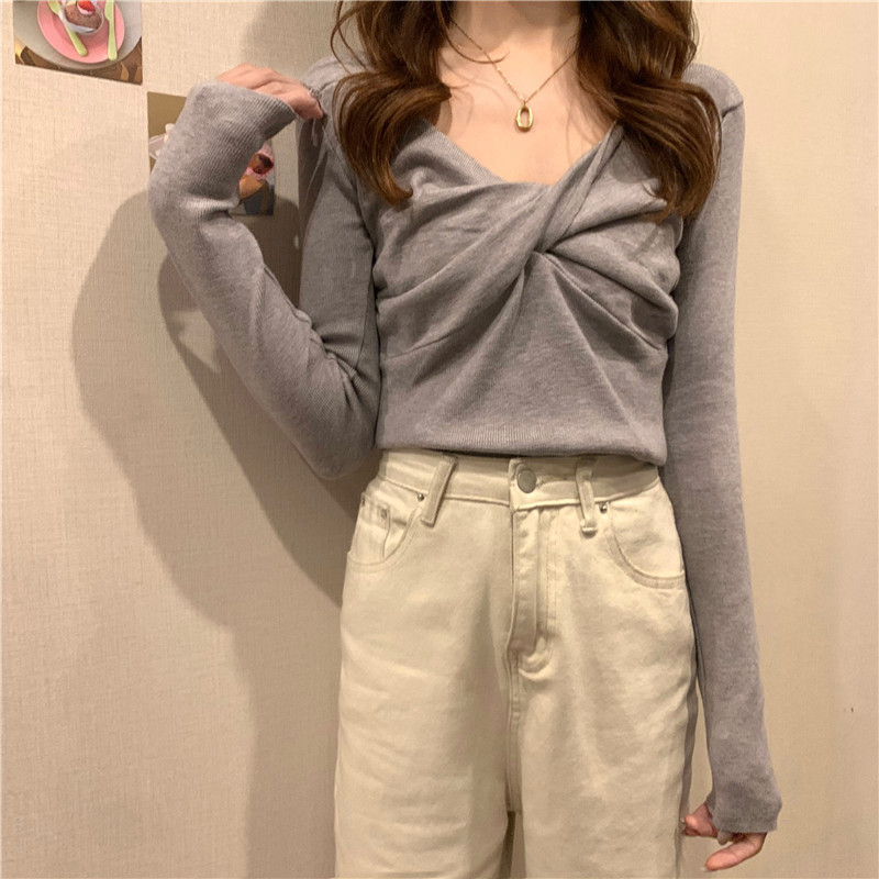 Picture of Early Spring 2021 New Sweater Cared Machine Cross V-neck Knitted Sweater Women's Autumn and Winter Slim-fit Inner Base Shirt Top