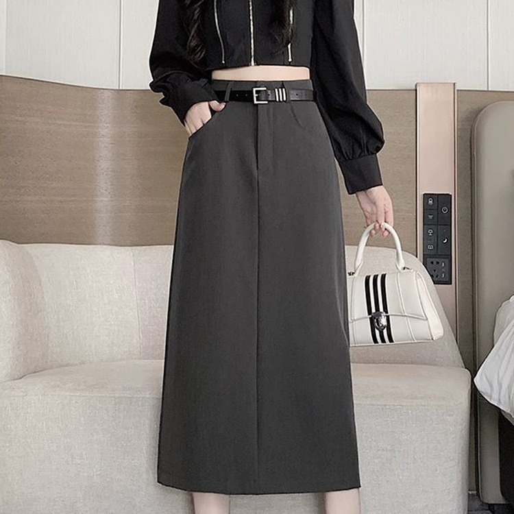Gray Suit Skirt for Petite Women, Workwear Style, Fall/Winter 2024, Slit, Bodycon Long Skirt, High-Waisted A-Line Skirt