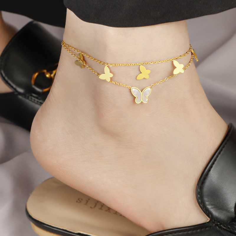 European and American titanium steel butterfly white shell anklet women's fashion sexy ankle Chinese style high-grade feeling foot chain summer gift