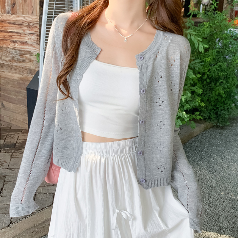 Gray Cardigan Thin Women's 2025 New Summer Suspender Skirt with Sun Protection Blouse Knitted Jacket Air-Conditioning Shirt