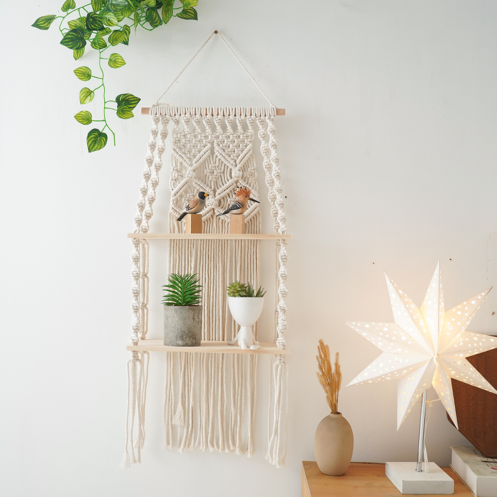Bohemian Hand-woven Tapestry Cotton Rope Wall Hanging Bohemian Two-layer Storage Rack Hotel Homestay Hanging Decoration