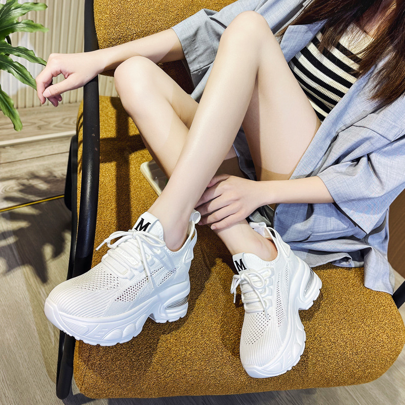 Inner Height Women's Shoes Spring and Summer 2024 New Single-layer Shoes Thick-soled Travel Shoes Variety Tall-match Breathable Casual Transport