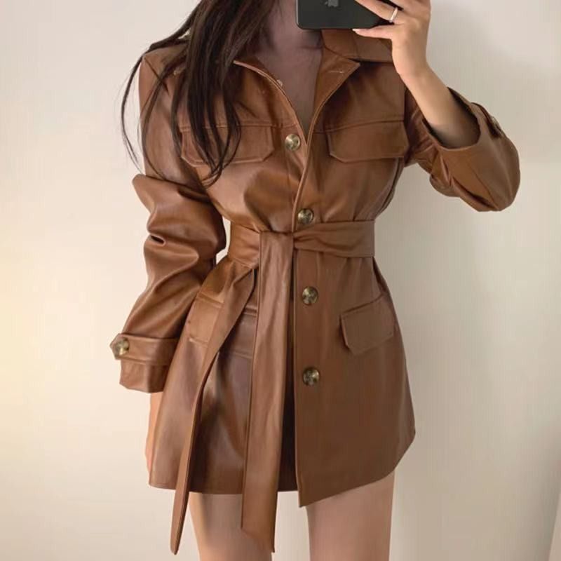 Korean Chic Niche Versatile Waist Slimming Look Mid-Length Handsome Motorcycle Leather Jacket Women's Autumn and Winter Long-Sleeved Top