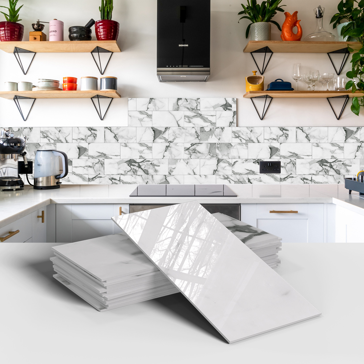 Crystal Marble Tile Wall Stickers Thickened PET Waterproof Self-adhesive Wallpaper for Kitchen Living Room Wall Decoration Cross Border