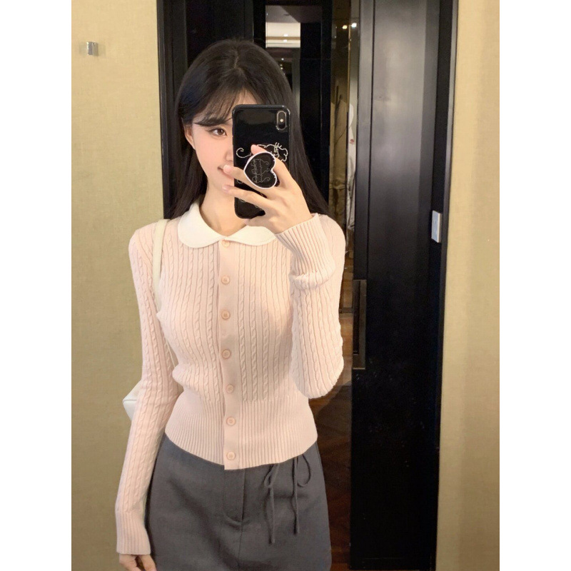 Tender Pink 2025 Spring New Sweet Age-reducing Japanese Vintage Doll Collar Twist Knitted Cardigan Jacket for Women