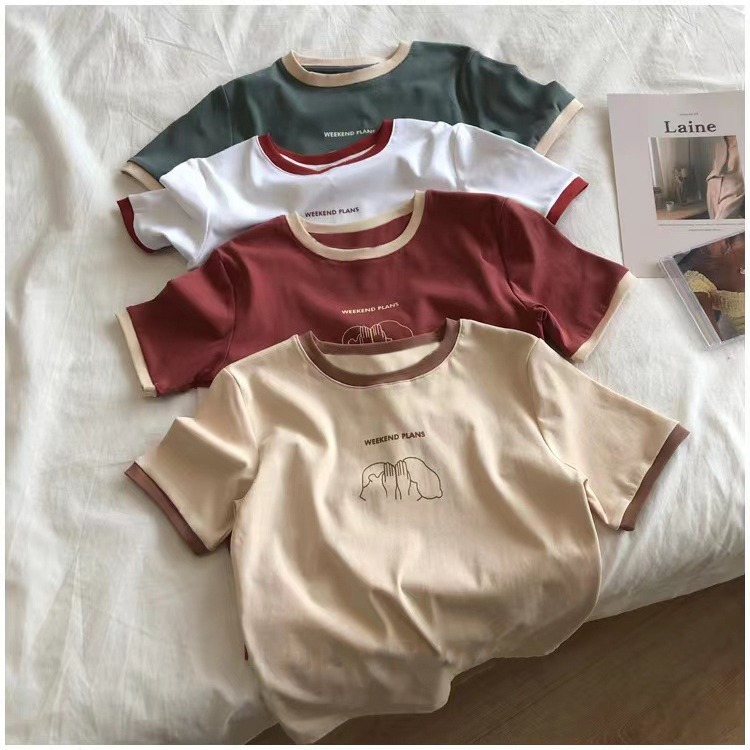 Color-Inserted Slim Short-Sleeved T-Shirt for Women 2025 Summer New Bottoming Shirt Student Casual Korean Style Top Export Women's Clothing