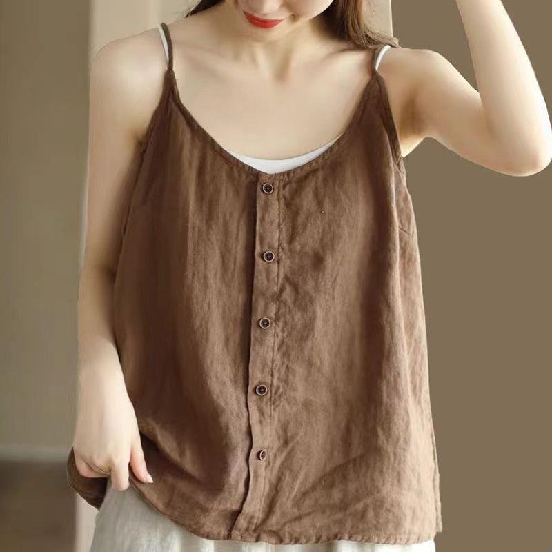 Cotton and linen camisole 2023 Summer new artistic retro Top Button decoration thin loose inner base Women