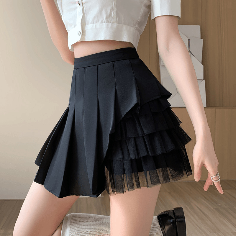 Mesh Stitching Skirt Fashion Women's Summer Small Sexy A- line Short Skirt High Waist Slimming Pleated Short Skirt
