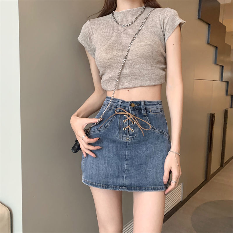 2024 Summer New Design Sense Strap Hip Skirt Vintage Hot Girl High Waist plus size Denim Skirt for Women