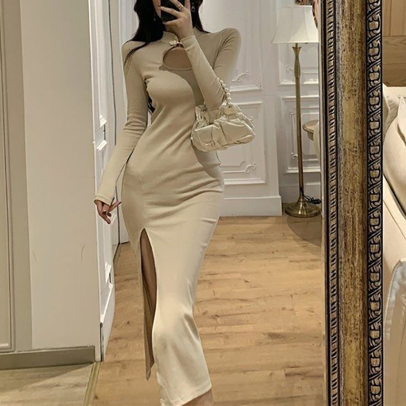 Picture of Yujie Fan Elegant European and American Style Sexy Long Sleeve Skirt Hollow Split Slim-fit Slim-fit Base dress Long Skirt Trendy