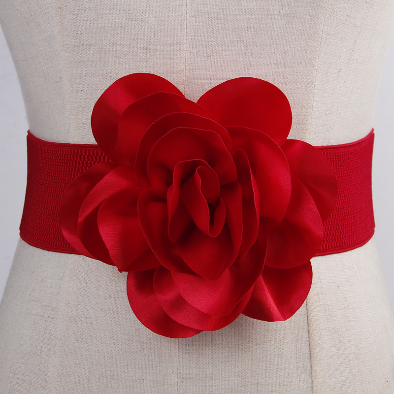 Easiest for Match Black Flower Decorated Wide Belt Elastic Waistband Women's Dress Accessories Performance Skirt with Large Flower Shape