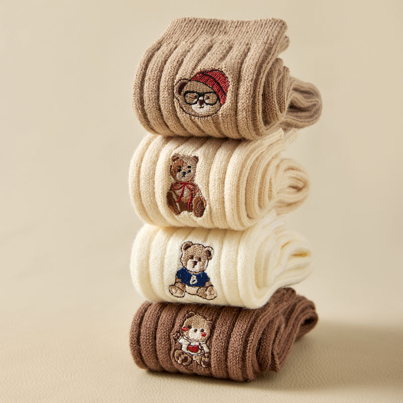 2024 Autumn and Winter New Socks Women's Thickened Mid-Tube Imitation Wool Socks Wholesale Women's Solid Color Cartoon Embroidered Pile Socks