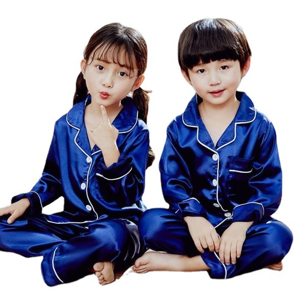 Picture of Spring and Summer Children's Pajamas for Boys and Girls Solid Color Silk Cardigan Long Sleeve Trousers Children's Home Clothes suit