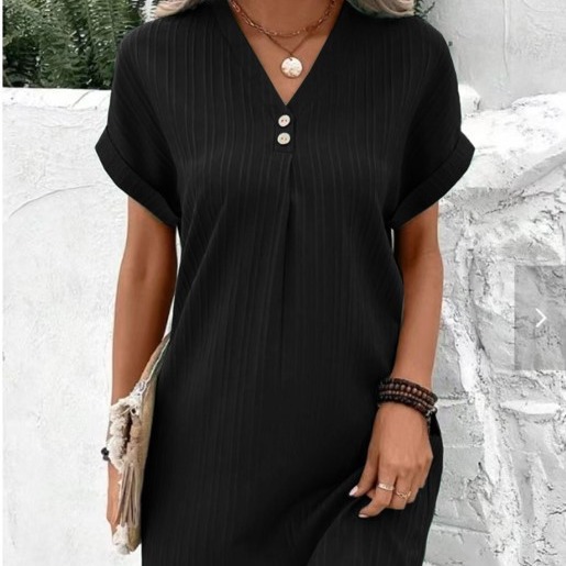 Picture of Cross-border European and American Women's 2023 New Amazon V-neck Solid Color Pullover Comfortable Casual Button Dress